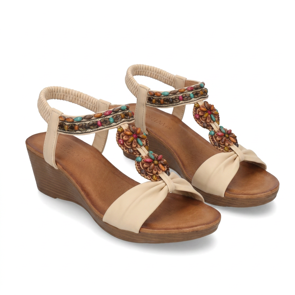 Sandale bohème à perles beige